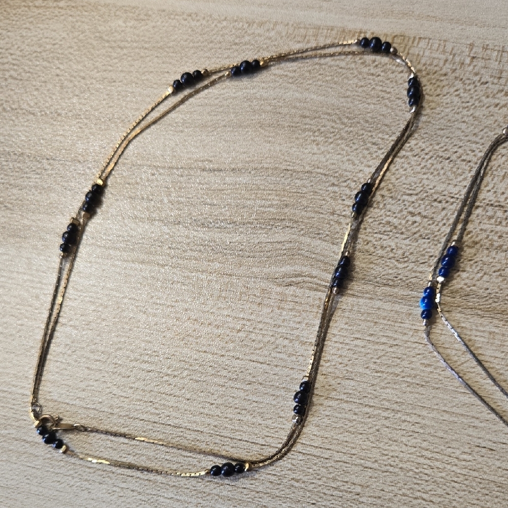Vintage Korea Gold Tone and Blue&black Beaded Necklaces (2)